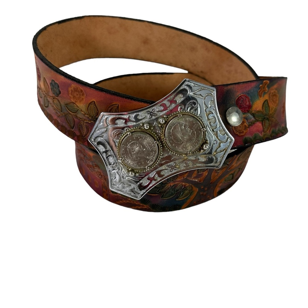 Dream Scenes by Rosanne leather tooled belt with Susan B Anthony coin buckle